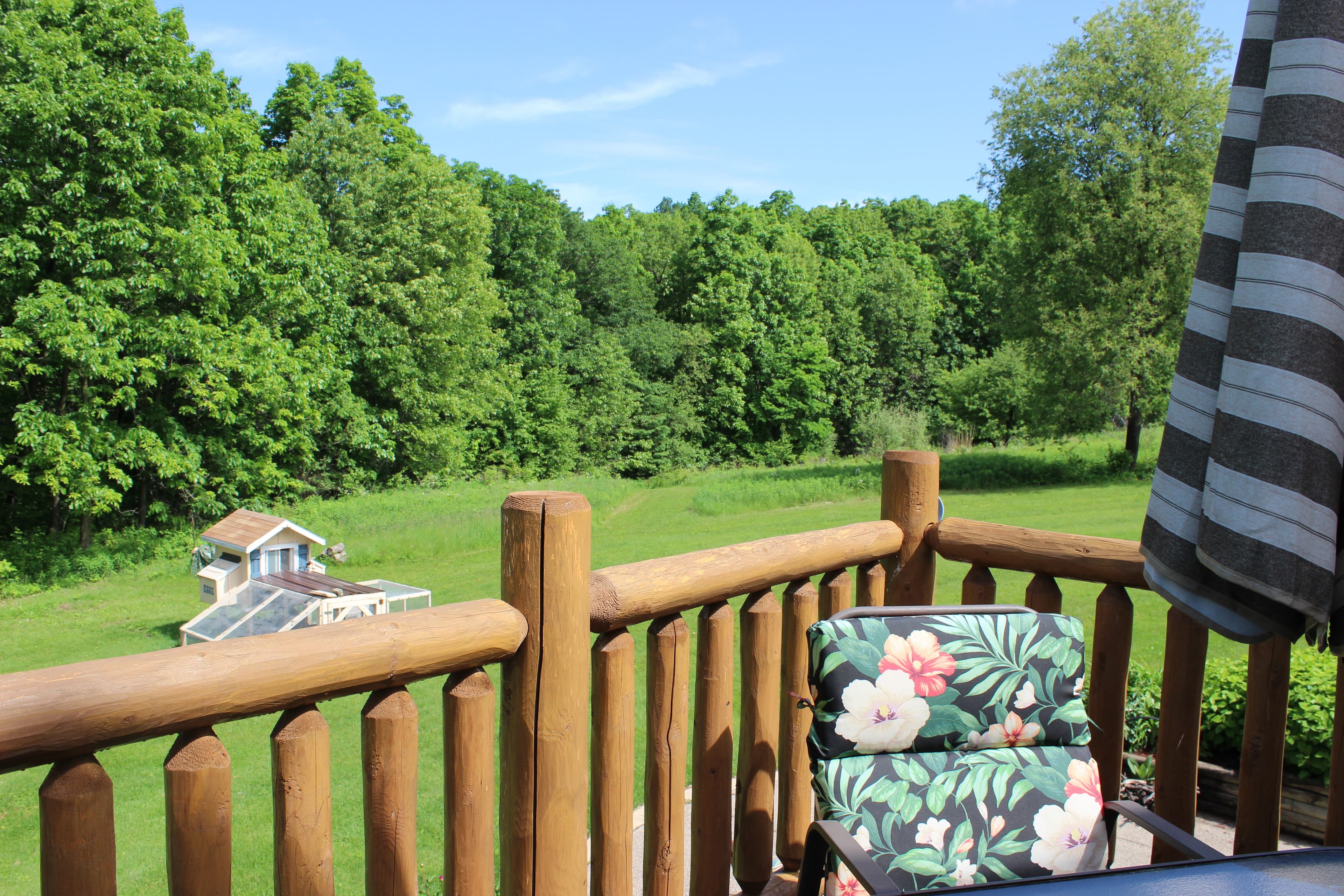 A scenic view from a log cabin balcony featuring a wooden railing and a chair with a floral-patterned cushion. The balcony overlooks a lush green backyard bordered by a dense forest of lush trees under a clear blue sky.