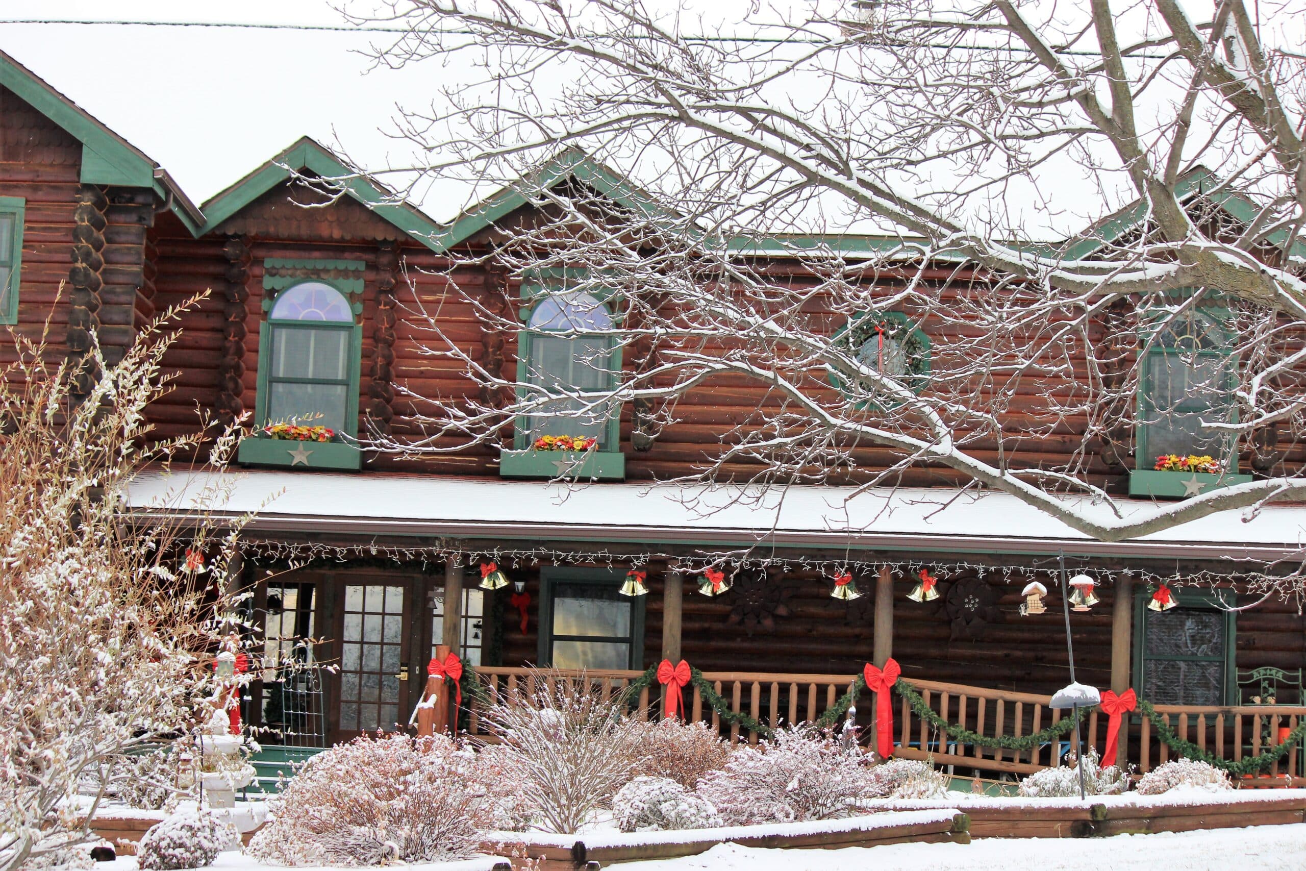 A snowy log cabin adorned with festive decorations and wreaths. A snowy log cabin adorned with festive decorations and wreaths.