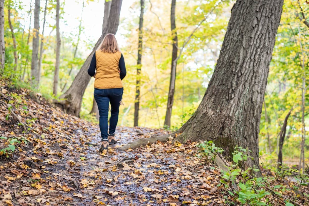 A person walks along a leaf-covered trail in a wooded area during autumn. A person walks along a leaf-covered trail in a wooded area during autumn.